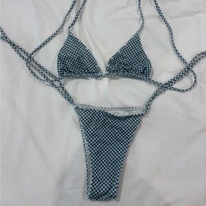 Frankie's Bikinis Blue Gingham Triangle Bikini Set